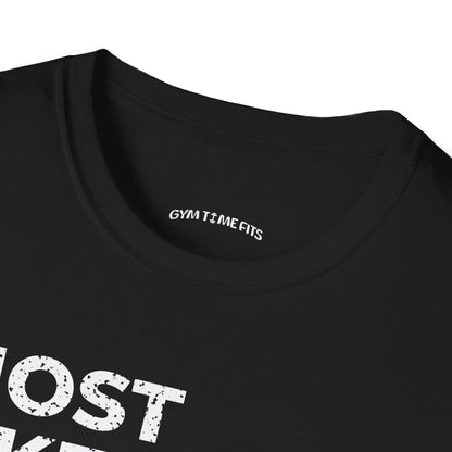 Close-up of the black t-shirt collar with the Gym Time Fits neck label
