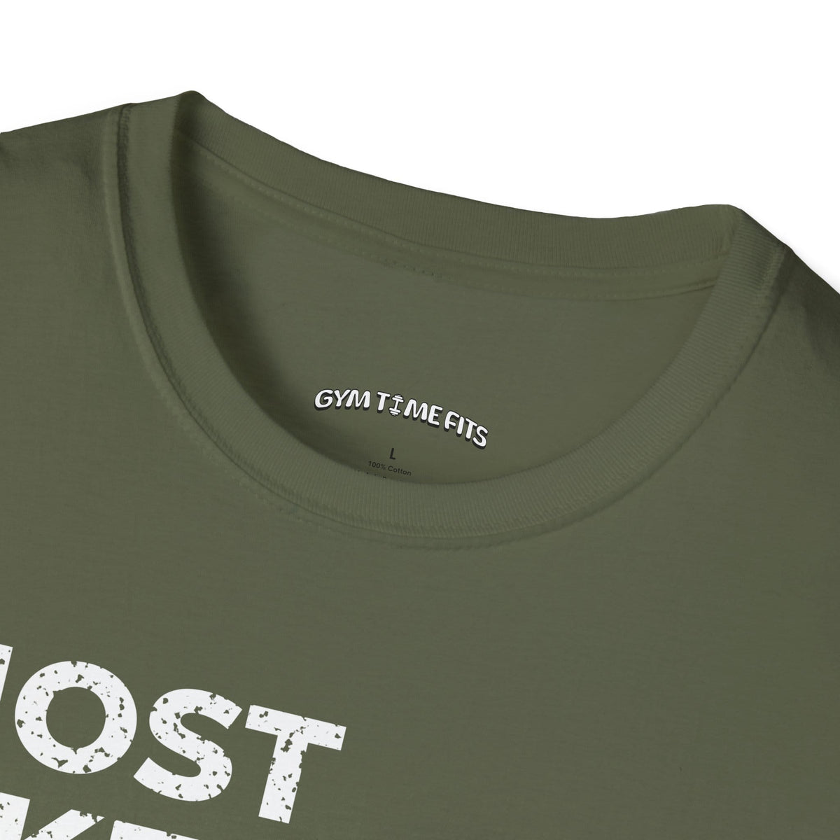Close-up of the military green t-shirt collar with the Gym Time Fits neck label
