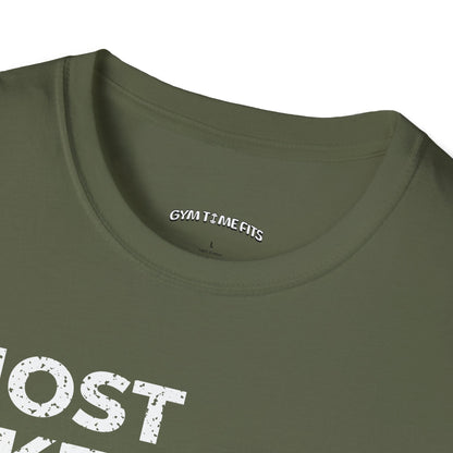 Close-up of the military green t-shirt collar with the Gym Time Fits neck label