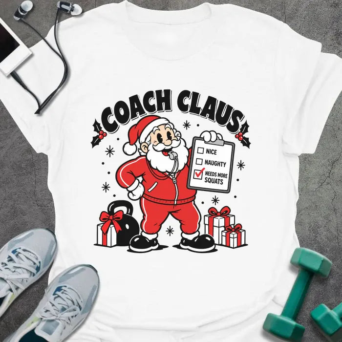 White t-shirt printed with "COACH CLAUS" in black, with a cartoon Santa in a red tracksuit and whistle holding a clipboard with "NEEDS MORE SQUATS" checked, next to a kettlebell and wrapped presents