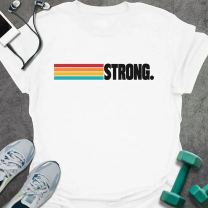 White t-shirt printed with "STRONG." in black, with retro red, orange, yellow and teal stripes