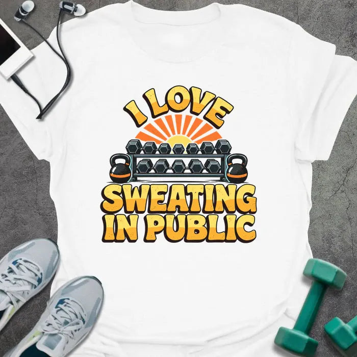 White t-shirt printed with "I LOVE SWEATING IN PUBLIC" in yellow and orange, with a dumbbell rack, kettlebells and a retro sunset