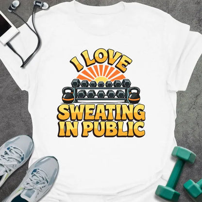 White t-shirt printed with "I LOVE SWEATING IN PUBLIC" in yellow and orange, with a dumbbell rack, kettlebells and a retro sunset