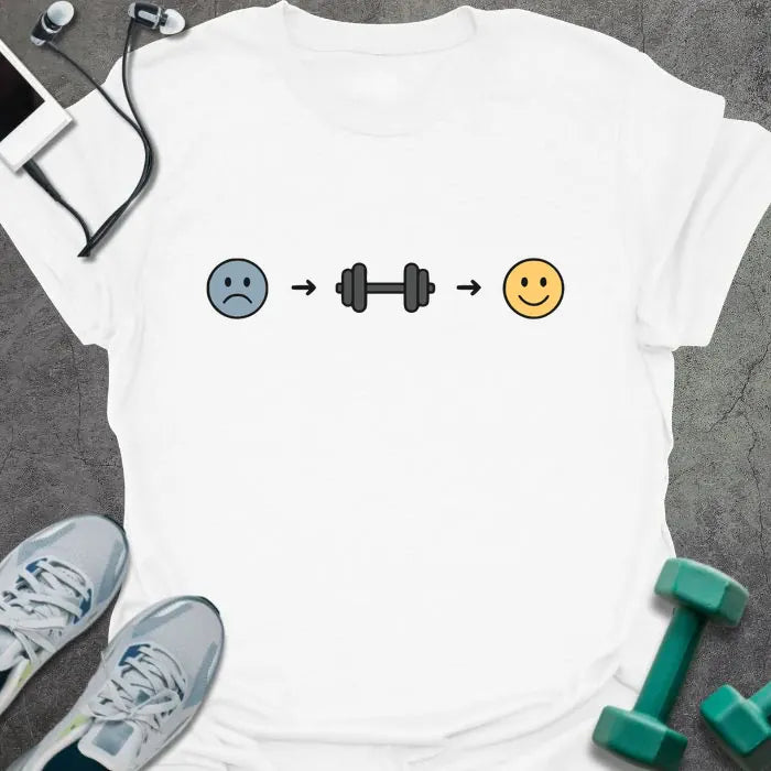 White t-shirt with a sad face to dumbbell to happy face progression