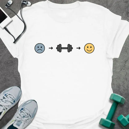 White t-shirt with a sad face to dumbbell to happy face progression
