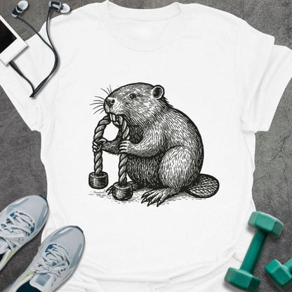 White t-shirt with beaver chewing wood