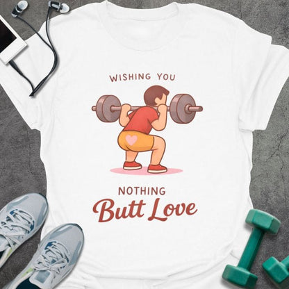 White t-shirt printed with "WISHING YOU NOTHING Butt Love" in orange and red, with woman lifting barbell