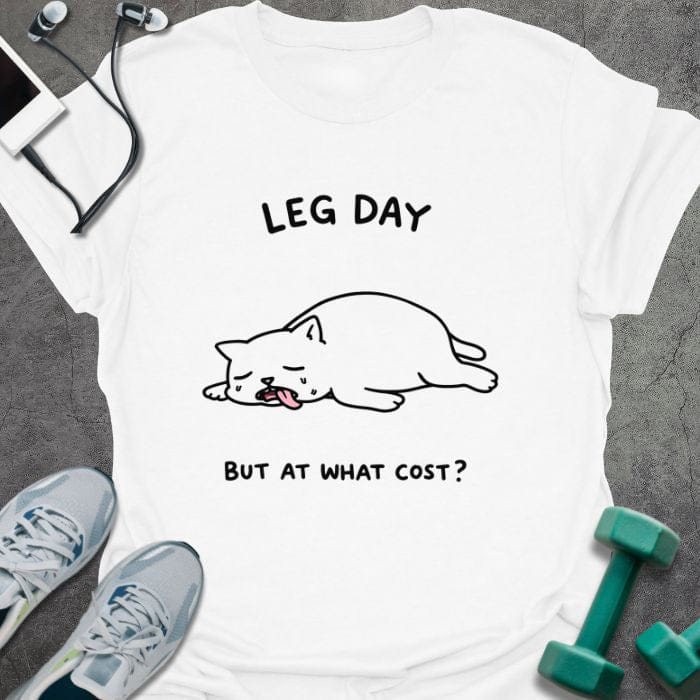 White t-shirt printed with "Leg Day but at What Cost?" in black, with an illustration of a cat laying down