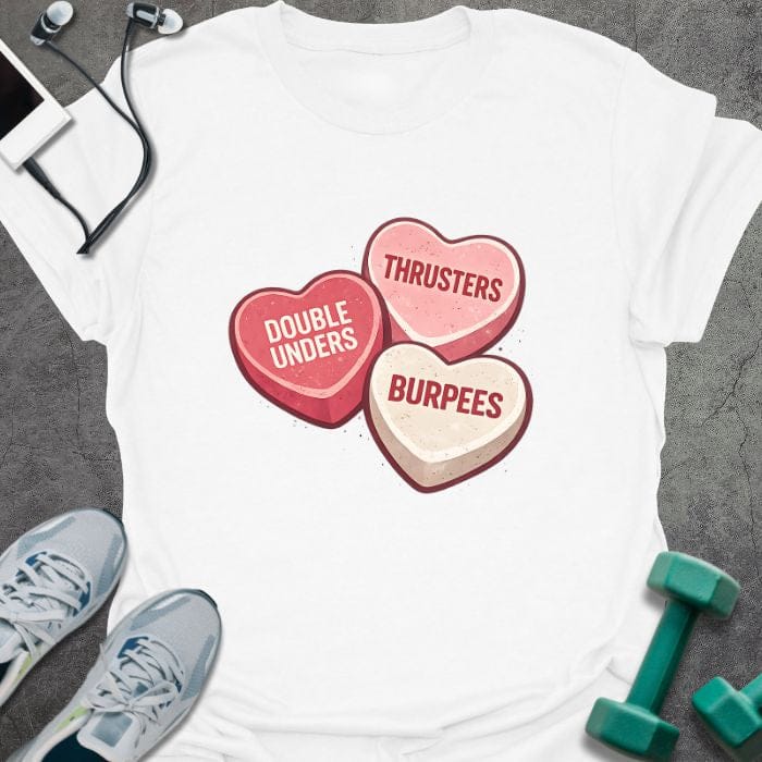White t-shirt printed with "Double Unders Thrusters Burpees" in red, pink, cream, with three candy hearts in red, pink, and cream
