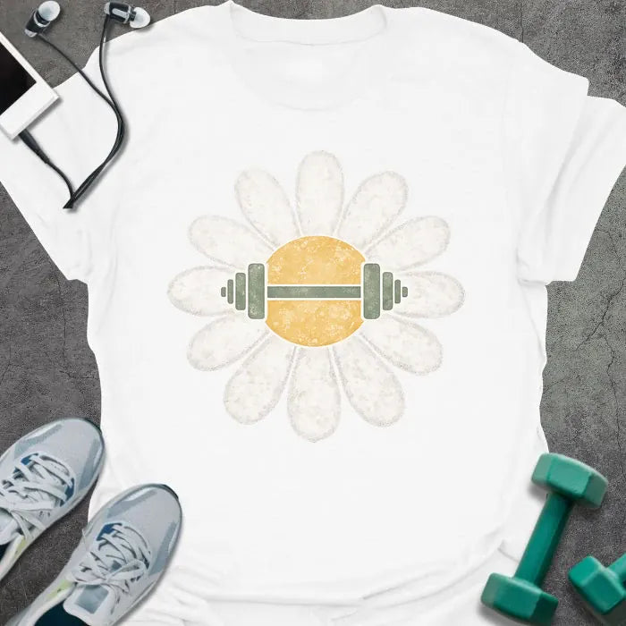 White t-shirt with a white daisy featuring a barbell at its center with green and white elements in white, yellow, and green