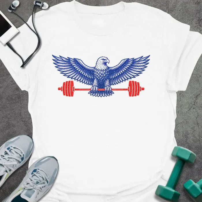 White t-shirt with an eagle holding a barbell in blue and red