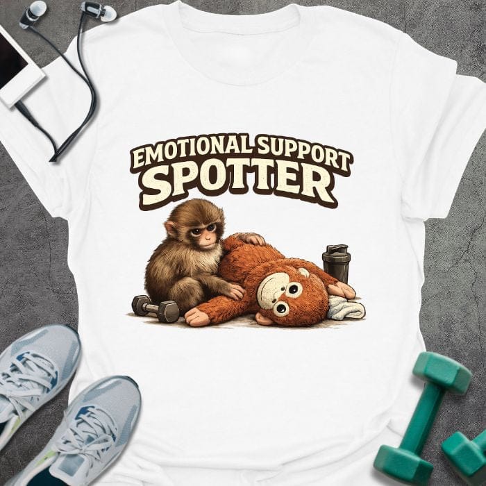 White t-shirt printed with "Emotional Support Spotter", with illustration of monkey and teddy bear