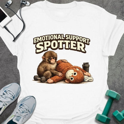 White t-shirt printed with "Emotional Support Spotter", with illustration of monkey and teddy bear