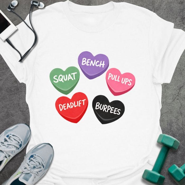 White t-shirt printed with "Bench Squat Pull Ups Deadlift Burpees" in purple, green, pink, red, black, with five candy hearts in purple, green, pink, red, and black