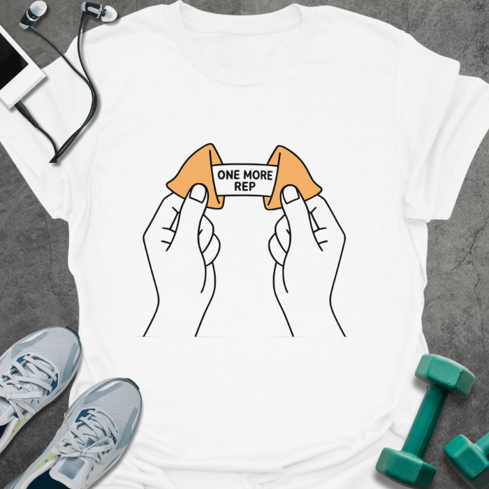 White t-shirt with a fortune cookie and two lemons connected by a barbell