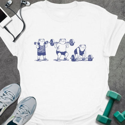 White t-shirt with an illustration of three people lifting dumbbells in blue
