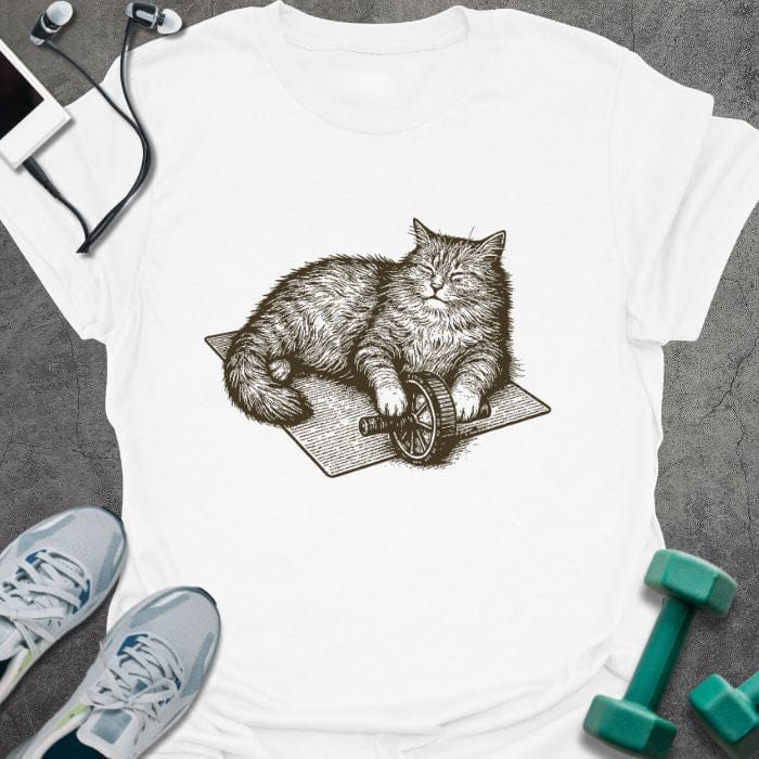 White t-shirt with cat on exercise wheel