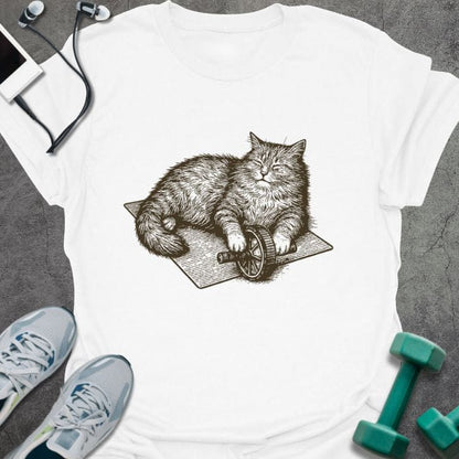 White t-shirt with cat on exercise wheel