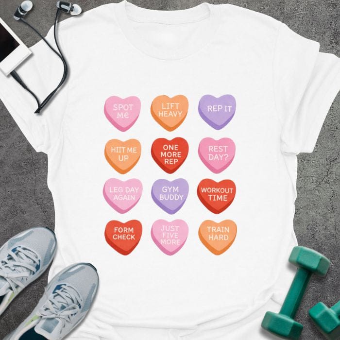 White t-shirt printed with "Spot Me Lift Heavy Rep it HIIT Me Up One More Rep Rest Day? Leg Day Again Gym Buddy Workout Time Form Check Just Five More Train Hard" in pink, red, orange, purple, with a 4x3 grid of colorful candy hearts