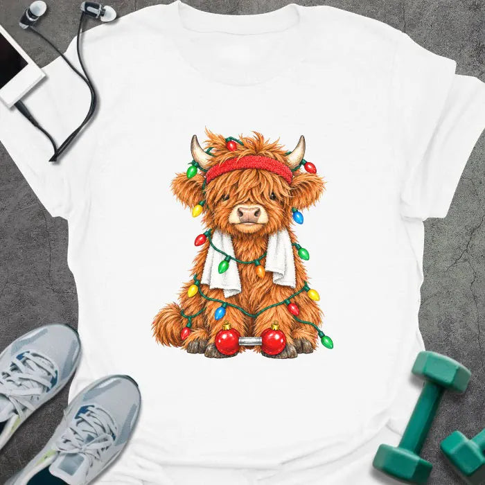 White t-shirt printed with a fluffy highland cow in a red headband and towel, tangled in Christmas lights beside a barbell with ornament plates