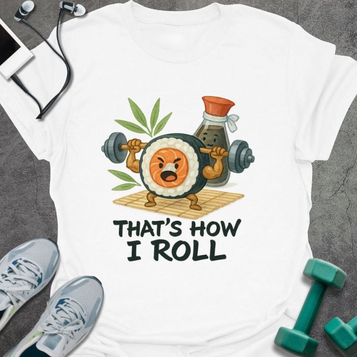 White t-shirt printed with "That's How I Roll", with an illustration of sushi and sauce lifting weights