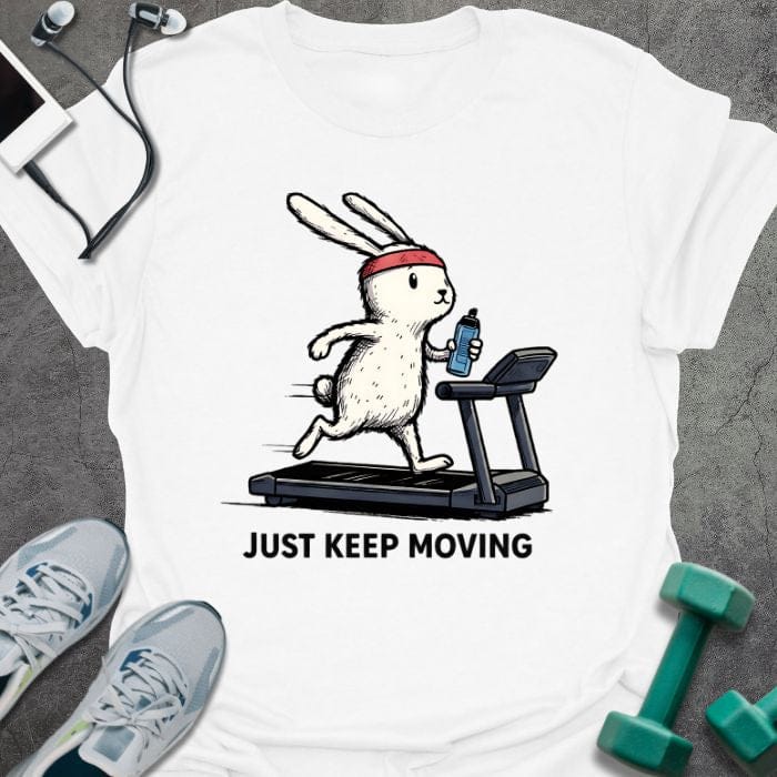 White t-shirt printed with "Just Keep Moving", with a rabbit on a treadmill