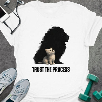 White t-shirt printed with "Trust the Process", with a white kitten casting a lion shadow