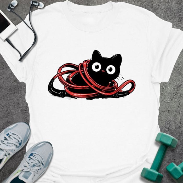 White t-shirt with a black cat tangled in a red jump rope in red, black, white