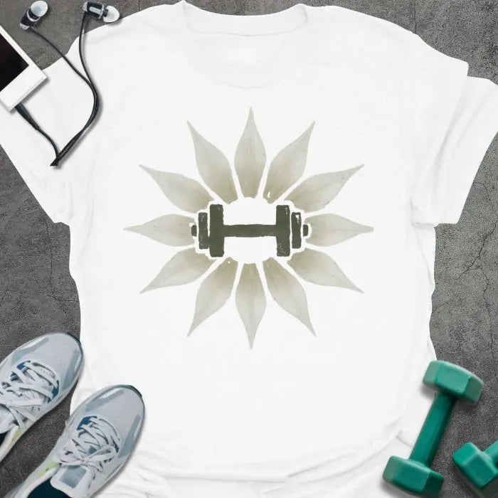 White t-shirt with an illustration of lily flowers surrounding a dumbbell in white and green