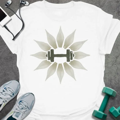 White t-shirt with an illustration of lily flowers surrounding a dumbbell in white and green