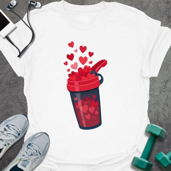 White t-shirt with a protein shake container overflowing with hearts in red, blue, white, pink