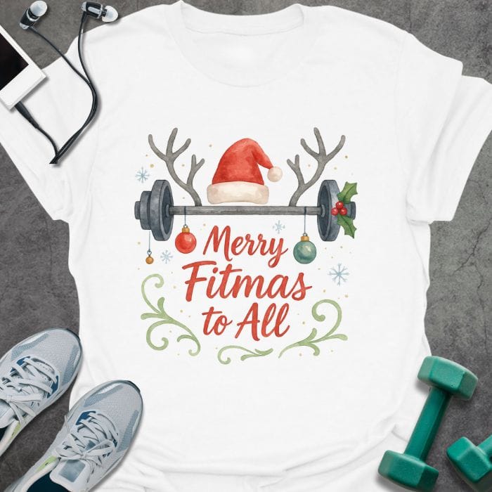 White t-shirt printed with "Merry Fitmas to All" in red and green, with a barbell and holiday decorations