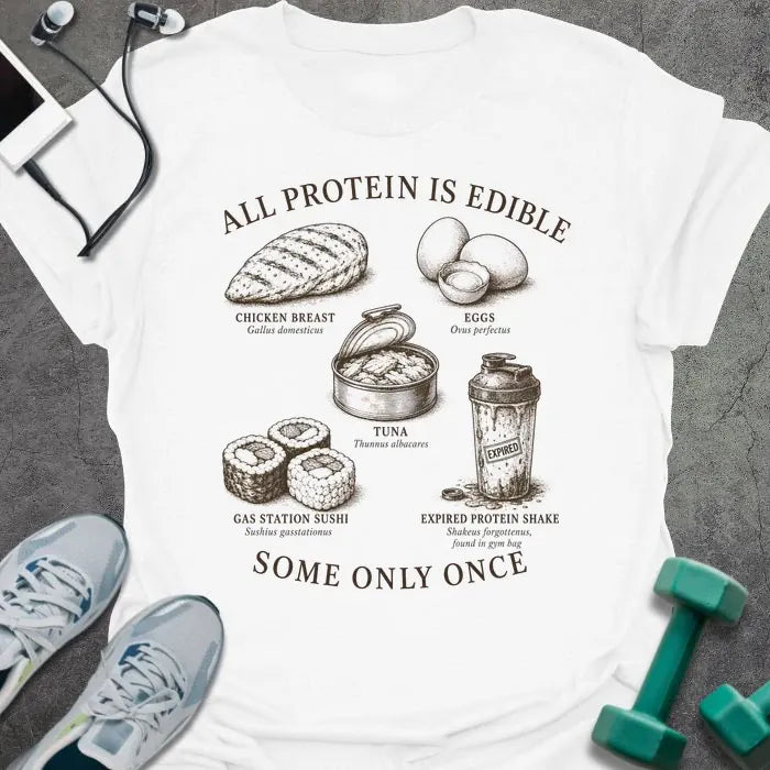 White t-shirt printed with "ALL PROTEIN IS EDIBLE" in black text with sepia-tone engraving style illustrations and 'SOME ONLY ONCE' at bottom