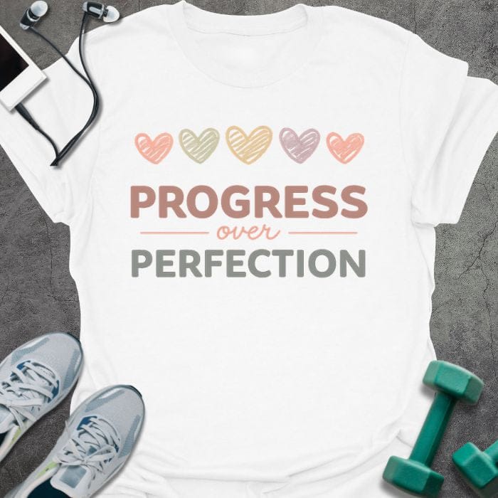 White t-shirt printed with "PROGRESS over PERFECTION" in multi-color, with five hearts in pastel colors