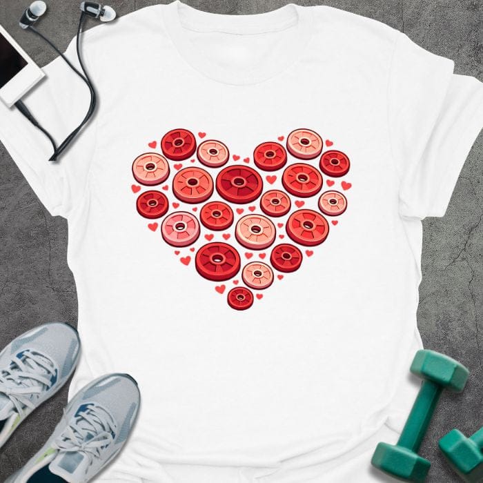 White t-shirt with weight plates arranged in a heart shape in red, tan, pink, white