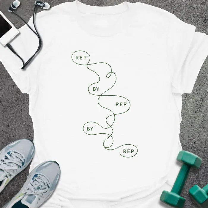 White t-shirt printed with "REP BY REP BY REP" in green line art, with squiggle graphic