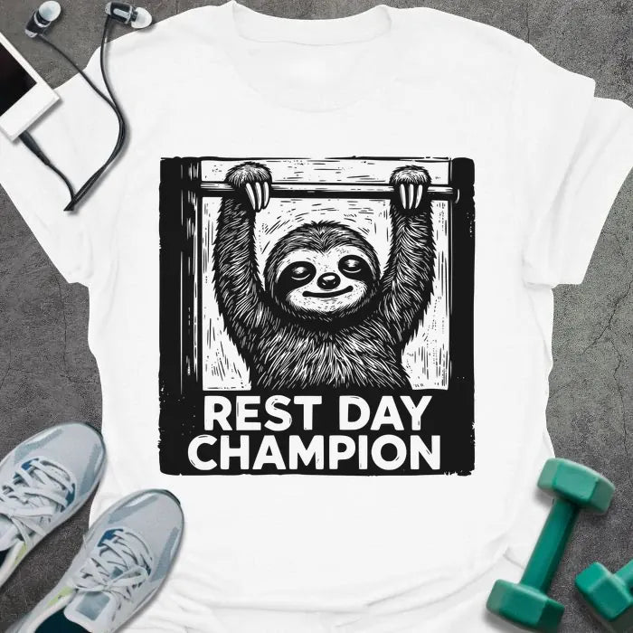 White t-shirt printed with "Rest Day Champion" in black and white, with sloth graphic in frame