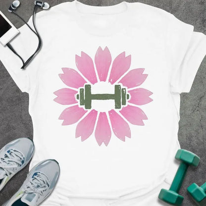 White t-shirt with an illustration of pink sakura flowers surrounding a dumbbell in pink and green