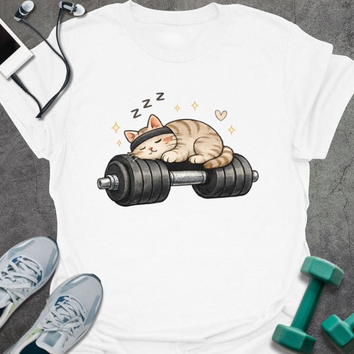 White t-shirt with a sleeping cat on a dumbbell in tan, white