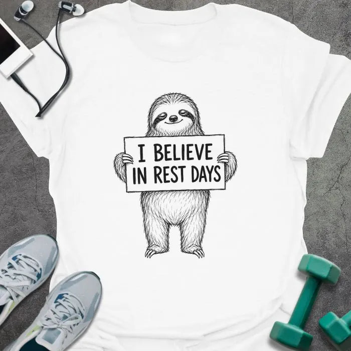 White t-shirt printed with "I BELIEVE IN REST DAYS" in black, with sloth holding sign