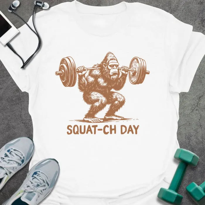 White t-shirt with an illustration of a sasquatch lifting barbell in rust