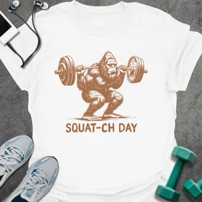 White t-shirt with an illustration of a sasquatch lifting barbell in rust