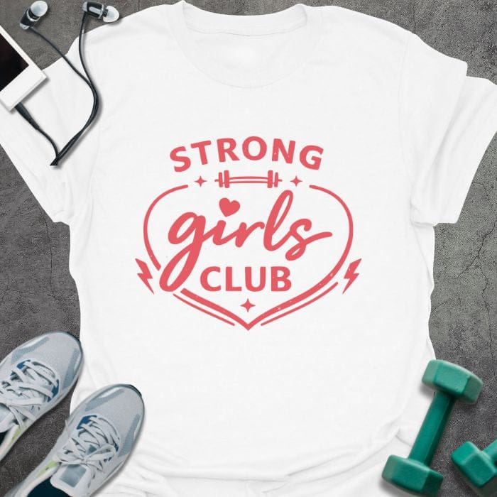 White t-shirt printed with "STRONG girls CLUB" in red, with a heart, barbell, and lightning bolt icons