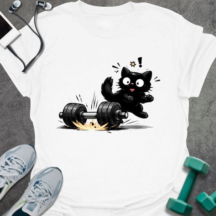 White t-shirt with an illustration of a surprised black cat and dumbbells in black
