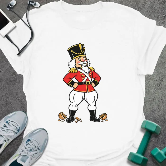 White t-shirt printed with a vintage nutcracker soldier with strong legs, hands on hips, standing over cracked nutshells