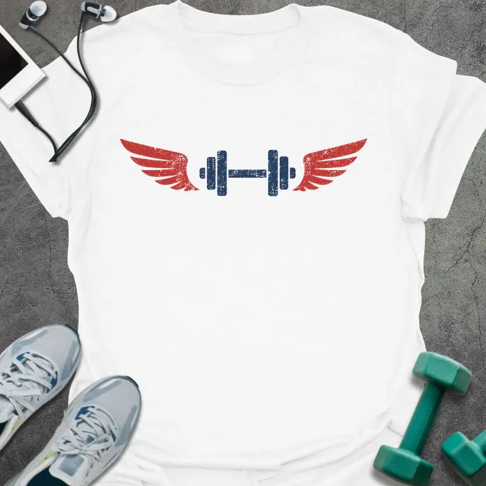 White t-shirt with winged barbell graphic in blue and red