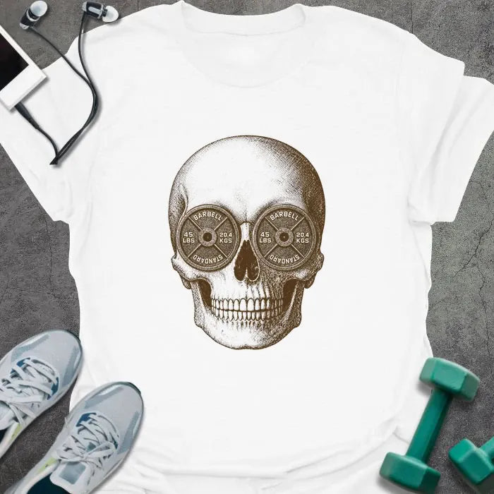 White t-shirt with Skull illustration with barbell weights as eye sockets, in brown sepia-tone engraving style