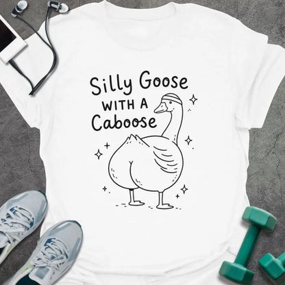 White t-shirt printed with "Silly Goose WITH A Caboose" in black, with goose with sparkles