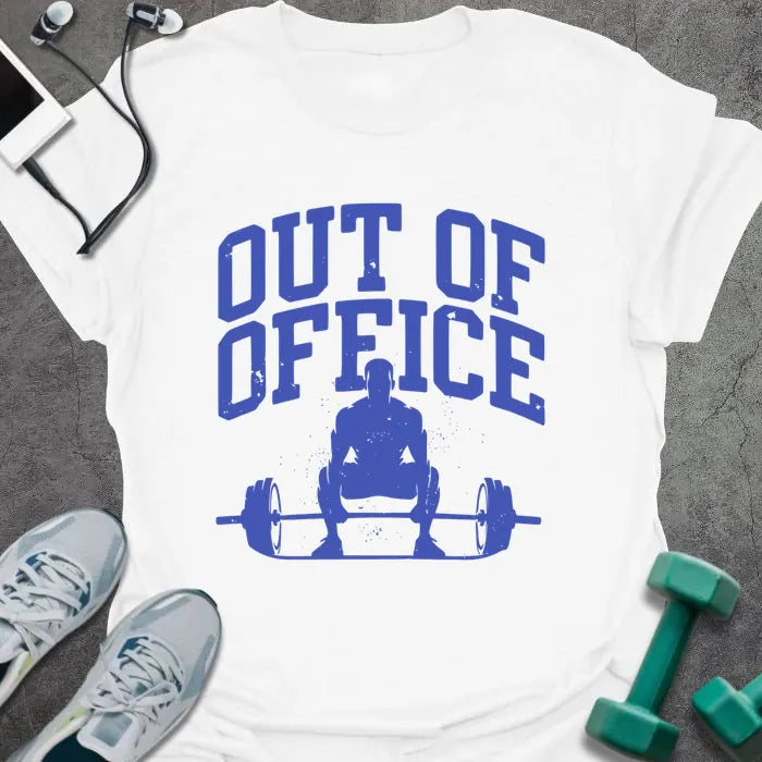 White t-shirt printed with "Out of Office" in blue, with a figure squatting