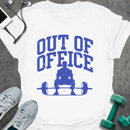 White t-shirt printed with "Out of Office" in blue, with a figure squatting